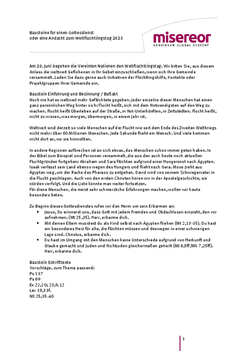 Bausteine für einen Gottesdienst oder eine Andacht zum Weltflüchtlingstag